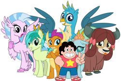 Size: 1095x730 | Tagged: safe, artist:cheezedoodle96, edit, gallus, ocellus, sandbar, silverstream, smolder, yona, changedling, changeling, classical hippogriff, dragon, earth pony, gem (race), griffon, hippogriff, human, hybrid, pony, yak, g4, :p, bow, clothes, cloven hooves, crossover, cute, diaocelles, diastreamies, dragoness, female, gallabetes, grin, hair bow, jewelry, looking at you, male, monkey swings, necklace, sandabetes, septet, simple background, smiling, smiling at you, smolderbetes, steven quartz universe, steven universe, student six, teenager, tongue out, transparent background, yonadorable