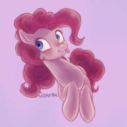 Size: 546x547 | Tagged: safe, artist:nodambol, pinkie pie, earth pony, pony, g4, :p, blushing, colored pupils, cute, diapinkes, female, jumping, mare, purple background, simple background, solo, tongue out
