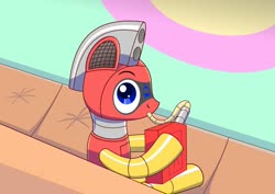 Size: 1280x905 | Tagged: safe, artist:trackheadtherobopony, oc, oc only, oc:trackhead, pony, robot, robot pony, couch, cute, drinking, gas can, ocbetes, solo