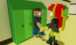 Size: 1280x768 | Tagged: safe, artist:derek the metagamer, sunset shimmer, oc, oc:darry ruth, equestria girls, g4, canterlot high, glasses, glowing eyes, lockers, magicavoxel, memory spell, spell, voxel art