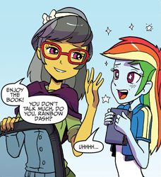 Size: 893x980 | Tagged: safe, artist:pencils, a.k. yearling, rainbow dash, equestria girls, g4, idw, spoiler:comic, spoiler:comicequestriagirlsmarchradness, book, cute, dashabetes, glasses, hat, speechless, starry eyes, wingding eyes
