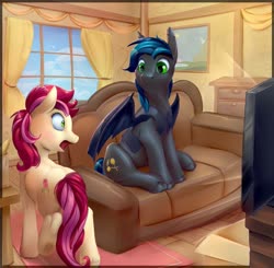 Size: 903x885 | Tagged: safe, artist:viwrastupr, roseluck, oc, oc:spark gap, bat pony, earth pony, pony, fanfic:fine print, g4, bat wings, confused, couch, duo, fanfic, fanfic art, female, fimfiction, male, mare, panic, rosegap, stallion, story in the source, television, wings