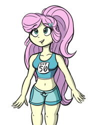 Size: 1200x1600 | Tagged: safe, artist:an_anon_artist, derpibooru exclusive, idw, fluttershy, equestria girls, g4, spoiler:comic, spoiler:comicequestriagirlsmarchradness, belly button, breasts, busty fluttershy, clothes, cute, female, midriff, shorts, shyabetes, solo, sports bra, sports shorts