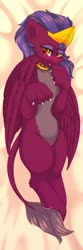 Size: 340x1024 | Tagged: safe, artist:alphadesu, the sphinx, sphinx, g4, :p, bedroom eyes, body pillow, body pillow design, chest fluff, crown, ear fluff, egyptian, egyptian headdress, female, jewelry, leg fluff, looking at you, on back, paws, profile, regalia, solo, sphinxdorable, tongue out