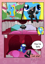 Size: 3541x5016 | Tagged: safe, artist:bigclaudia, oc, oc:cuteamena, oc:dusk arcus, oc:electric blue, pegasus, pony, accidental vore, alcohol, beer, drool, electricute, facial hair, gagging, open mouth, ponyville, shipping, speech bubble, teeth, unaware, uvula, vore, walking