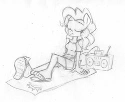 Size: 1179x968 | Tagged: safe, artist:dertikleen, pinkie pie, anthro, plantigrade anthro, g4, beach towel, black and white, boombox, eyes closed, feet, female, fetish, flip-flops, foot fetish, foot tapping, grayscale, heel pop, monochrome, sandals, sitting, solo, tapping, toes, traditional art