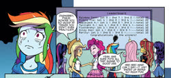 Size: 1105x503 | Tagged: safe, artist:pencils, idw, official comic, applejack, fluttershy, pinkie pie, rainbow dash, rarity, sci-twi, sunset shimmer, twilight sparkle, equestria girls, g4, spoiler:comic, spoiler:comicequestriagirlsmarchradness, clothes, crying, humane five, humane seven, humane six, implied derpy, ponytail, scoreboard