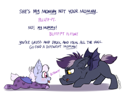 Size: 1250x950 | Tagged: safe, artist:cosmalumi, oc, oc only, oc:lavender, oc:nox, bat pony, pony, :p, clothes, cute, foal, footed sleeper, onesie, pajamas, sibling rivalry, tongue out