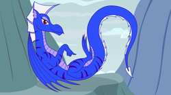 Size: 4022x2257 | Tagged: safe, artist:badumsquish, derpibooru exclusive, oc, oc only, oc:verglas, dragon, dragon oc, female, folded wings, looking at you, mountain, on back, pointing, relaxing, smiling, smirk, solo, stripes, wings