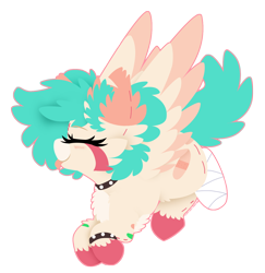 Size: 1476x1518 | Tagged: safe, artist:vanillaswirl6, oc, oc only, oc:gumi (rigbythememe), pegasus, pony, amputee, bandage, bracelet, collar, commission, eyes closed, flying, jewelry, simple background, solo, tongue out, transparent background