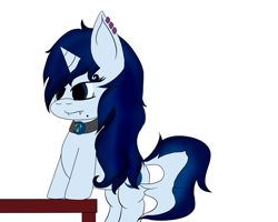 Size: 1024x820 | Tagged: safe, artist:crescentpony, oc, oc only, oc:crescent moon, pony, unicorn, choker, ear piercing, earring, fangs, female, horn, jewelry, mare, piercing, simple background, solo, table, unicorn oc, white background