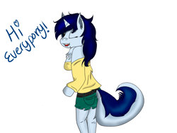 Size: 1024x768 | Tagged: safe, artist:crescentpony, oc, oc only, oc:crescent moon, unicorn, anthro, arm hooves, chest fluff, clothes, ear piercing, female, horn, one eye closed, piercing, simple background, solo, speech, unicorn oc, white background, wink