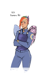Size: 404x640 | Tagged: safe, artist:demdoodles, rainbow dash, human, g4, the cutie re-mark, alternate timeline, amputee, apocalypse dash, artificial wings, augmented, crystal war timeline, female, humanized, prosthetic limb, prosthetic wing, prosthetics, scar, simple background, solo, white background, wings