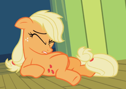 Size: 812x577 | Tagged: safe, screencap, applejack, earth pony, pony, g4, the cutie pox, belly, cropped, eyes closed, female, lying down, solo