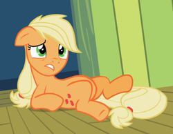 Size: 826x642 | Tagged: safe, screencap, applejack, earth pony, pony, g4, the cutie pox, belly, cropped, female, lying down, on back, solo