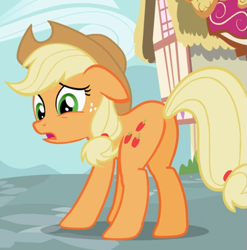 Size: 819x830 | Tagged: safe, screencap, applejack, earth pony, pony, g4, the cutie pox, butt, cropped, female, floppy ears, looking back, plot, solo