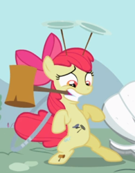 Size: 367x470 | Tagged: safe, screencap, apple bloom, earth pony, pony, g4, the cutie pox, bipedal, cropped, cutie pox, female, hammer, loop-de-hoop, plate spinning, solo, teeth