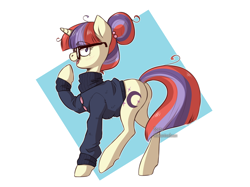 Size: 1200x897 | Tagged: safe, artist:spetu, moondancer, pony, unicorn, g4, alternate hairstyle, clothes, female, glasses, hair bun, mare, simple background, solo, sweater, white background
