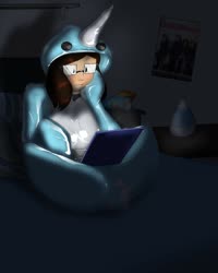 Size: 1024x1280 | Tagged: safe, artist:helixjack, oc, oc only, oc:skizzy, human, unicorn, bed, clothes, computer, costume, female, glasses, horn, humanized, kigurumi, laptop computer, latex, latex suit, pony costume, poster, sitting