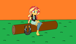 Size: 1512x876 | Tagged: safe, artist:redheadxilamguy, sunset shimmer, equestria girls, g4, barefoot, boots, feet, female, fetish, foot fetish, foot focus, grass, log, no socks, shoes, shoes removed, solo, toes