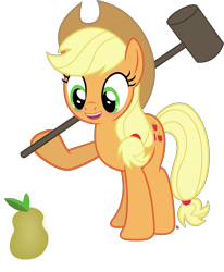 Size: 2221x2694 | Tagged: safe, artist:anime-equestria, applejack, earth pony, pony, g4, applejack's hat, blushing, cowboy hat, cute, female, food, hammer, happy, hat, high res, mare, pear, ponytail, simple background, sledgehammer, solo, that pony sure does hate pears, this will not end well, transparent background, vector