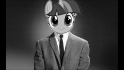 Size: 1920x1080 | Tagged: safe, ai assisted, ai content, fifteen.ai, twilight sparkle, g4, :t, ai voice, aivo, animated, avo, cute face, faic, female, grayscale, irl, male, monochrome, necktie, photo, pun, rod serling, smiling, sound, sound only, the twilight sparkle zone, the twilight zone, webm
