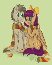 Size: 802x1000 | Tagged: safe, artist:sketchy_fox, oc, oc:lauren juice, pegasus, pony, bow, clothes, female, hair bow, male, mare, oc x oc, one eye closed, open mouth, pegasus oc, scarf, shared clothing, shared scarf, shipping, simple background, sitting, smiling, stallion, wings, wink