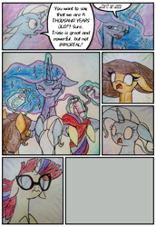 Size: 824x1200 | Tagged: safe, artist:mysteriousshine, moondancer, princess luna, trixie, pegasus, pony, comic:the children of the night, g4, :o, comic, dialogue, ethereal mane, female, filly, flashback potion, glasses, glowing eyes, glowing horn, horn, magic, mare, open mouth, starry mane, telekinesis, traditional art
