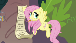 Size: 1920x1080 | Tagged: safe, screencap, fluttershy, pegasus, pony, g4, she talks to angel, butt, checklist, female, flying, key, key ring, mare, messy mane, mouth hold, pencil, plot, solo