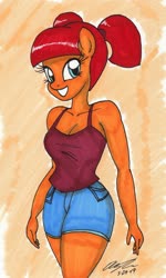Size: 1426x2377 | Tagged: safe, artist:newyorkx3, oc, oc only, oc:fin, earth pony, anthro, anthro oc, breasts, cleavage, clothes, female, mare, pigtails, shorts, smiling, tank top, traditional art, wide hips