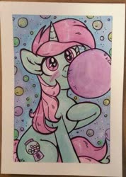 Size: 400x561 | Tagged: safe, artist:marybellamy, minty bubblegum, pony, unicorn, g4, bubblegum, commission, female, food, gum, solo, traditional art, watercolor painting