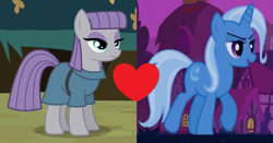 Size: 571x300 | Tagged: safe, edit, edited screencap, screencap, maud pie, trixie, earth pony, pony, boast busters, g4, maud pie (episode), female, heart, lesbian, ship:mauxie, shipping, shipping domino