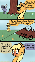 Size: 810x1440 | Tagged: safe, artist:colorcodetheartist, applejack, limestone pie, earth pony, pony, g4, applestone, blushing, bucking, comic, crack shipping, dialogue, female, flower, frown, glare, implied big macintosh, lesbian, looking back, mare, offscreen character, shipping, shocked, speech bubble, tree, wide eyes