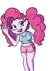 Size: 1200x1600 | Tagged: safe, artist:an_anon_artist, derpibooru exclusive, idw, pinkie pie, equestria girls, g4, spoiler:comic, spoiler:comicequestriagirlsmarchradness, alternate hairstyle, clothes, cute, diapinkes, female, midriff, pigtails, shorts, solo, sports bra, sports shorts