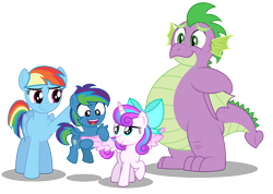 Size: 5625x4000 | Tagged: safe, artist:aleximusprime, princess flurry heart, rainbow dash, spike, oc, oc:storm streak, alicorn, dragon, pegasus, pony, fanfic:calming of the storm, flurry heart's story, g4, adult, adult spike, alternate hairstyle, bow, chubby, colt, fat, fat spike, female, first meeting, male, mother, offspring, older, older spike, parent:oc:thunderhead, parent:rainbow dash, parents:canon x oc, rainbow mom, simple background, son, transparent background, vector, winged spike, wings