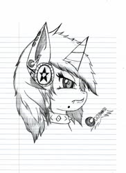Size: 930x1280 | Tagged: safe, artist:crescentpony, oc, oc only, oc:crescent moon, pony, unicorn, bust, choker, ear piercing, fangs, female, headphones, horn, lineart, lined paper, mare, piercing, signature, solo, spiked choker, traditional art, unicorn oc