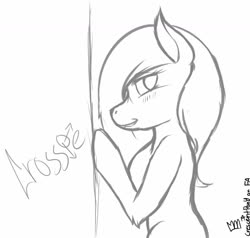 Size: 1280x1217 | Tagged: safe, artist:crescentpony, oc, oc only, oc:crossie, earth pony, pony, earth pony oc, female, lineart, mare, monochrome, signature, smiling, solo