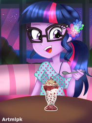 Size: 1536x2048 | Tagged: safe, artist:artmlpk, sci-twi, twilight sparkle, equestria girls, g4, adorable face, adorkable, alternate hairstyle, beach, bush, chair, clothes, cute, design, dork, female, flower, flower in hair, food, holding, ice cream, looking at you, night, ocean, open mouth, ponytail, seat, smiling, smiling at you, solo, spoon, stars, sundae, swimsuit, table, tropical, twiabetes, vacation