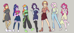 Size: 4400x2000 | Tagged: safe, artist:pettypop, applejack, fluttershy, pinkie pie, rainbow dash, rarity, sci-twi, sunset shimmer, twilight sparkle, human, equestria girls, g4, clothes, fashion, female, gray background, homestar runner, humane five, humane seven, humane six, limozeen, simple background