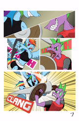 Size: 3850x5950 | Tagged: safe, artist:mlpryze, rainbow dash, spike, anthro, g4, fight, shield, weapon