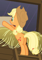 Size: 646x912 | Tagged: safe, screencap, applejack, earth pony, pony, apple family reunion, g4, box, butt, cropped, female, ladder, plot, rear view, solo