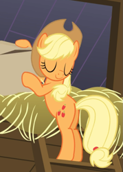 Size: 605x846 | Tagged: safe, screencap, applejack, earth pony, pony, apple family reunion, g4, box, butt, cropped, eyes closed, female, ladder, plot, smiling, solo