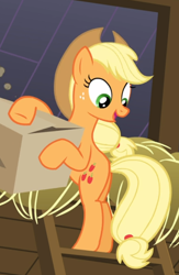 Size: 570x875 | Tagged: safe, screencap, applejack, earth pony, pony, apple family reunion, g4, applejack's hat, box, cowboy hat, cropped, cute, female, freckles, hat, hay, jackabetes, ladder, looking down, mare, open mouth, ponytail, smiling, solo, stetson, tied tail