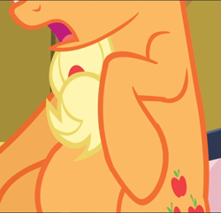 Size: 982x941 | Tagged: safe, screencap, applejack, earth pony, pony, apple family reunion, belly, cropped, female, open mouth, pictures of bellies, solo