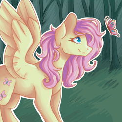 Size: 2000x2000 | Tagged: safe, artist:flaming-trash-can, fluttershy, butterfly, pegasus, pony, g4, female, forest, high res, looking at something, looking up, mare, outdoors, outline, profile, sidemouth, smiling, solo, spread wings, standing, white outline, wings