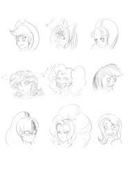 Size: 1500x2000 | Tagged: safe, artist:albertbm, adagio dazzle, applejack, aria blaze, fluttershy, pinkie pie, rainbow dash, sci-twi, sonata dusk, sunset shimmer, twilight sparkle, equestria girls, g4, blushing, bust, evil laugh, laughing, monochrome, simple background, sketch, the dazzlings, traditional art, white background