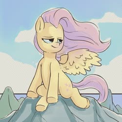 Size: 1500x1500 | Tagged: safe, artist:raph13th, fluttershy, pegasus, pony, g4, female, lidded eyes, mare, ocean, posing for photo, rock, smiling, solo, spread wings, windswept mane, wings