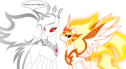 Size: 2736x1505 | Tagged: safe, artist:somashield, daybreaker, oc, oc:pandora, alicorn, earth pony, pony, g4, collar, crown, cutie mark, digital art, female, horn, jealous, jewelry, looking at each other, mare, regalia, simple background, size difference, speech bubble, standing, text, transparent background, wings