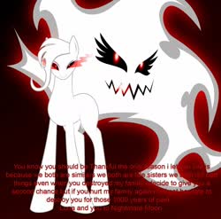 Size: 1280x1265 | Tagged: safe, artist:somashield, oc, oc only, oc:pandora, earth pony, pony, angry, digital art, female, fire, mare, nightmare fuel, smiling, solo, standing, text