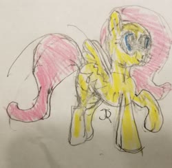 Size: 1978x1932 | Tagged: safe, artist:joeydr, fluttershy, pegasus, pony, g4, female, mare, missing cutie mark, raised hoof, signature, simple background, solo, spread wings, traditional art, white background, wings